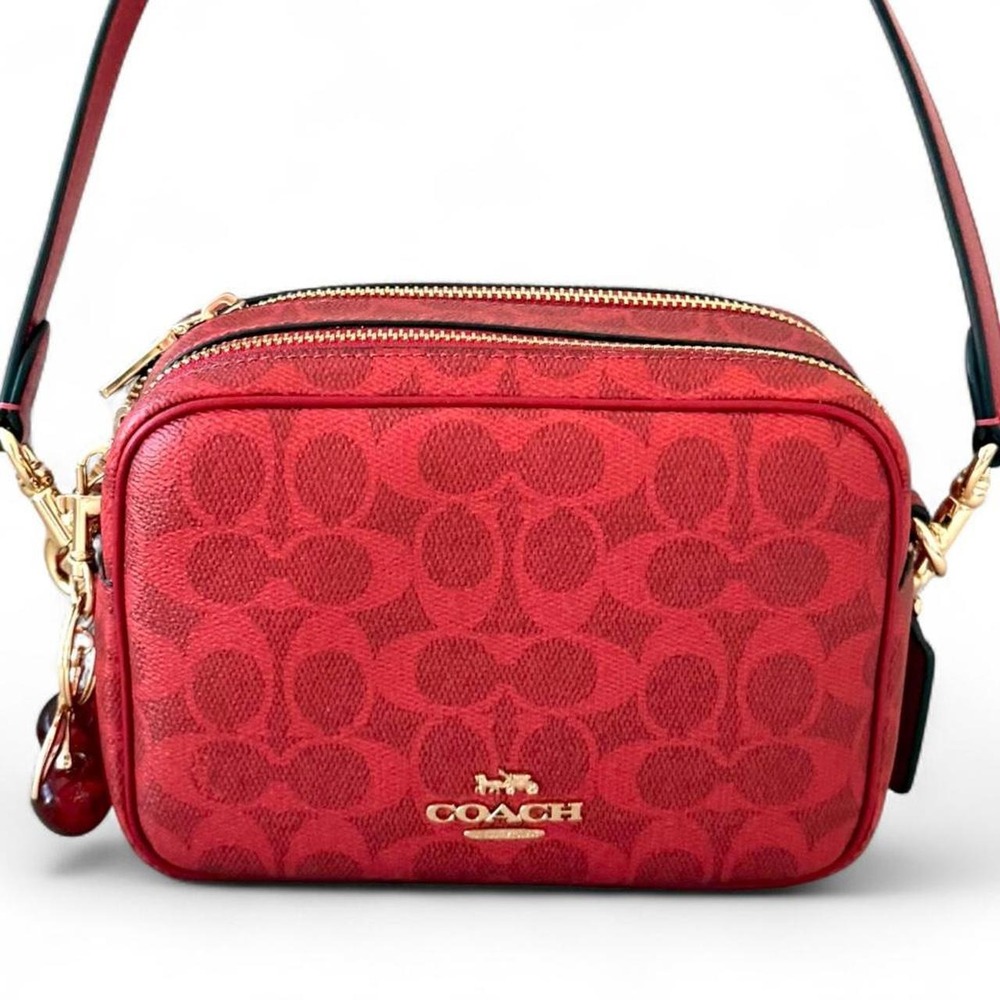 Authentic Coach Mini Carey Shoulder Bag In Signature Canvas CEK69 Gold Crimson